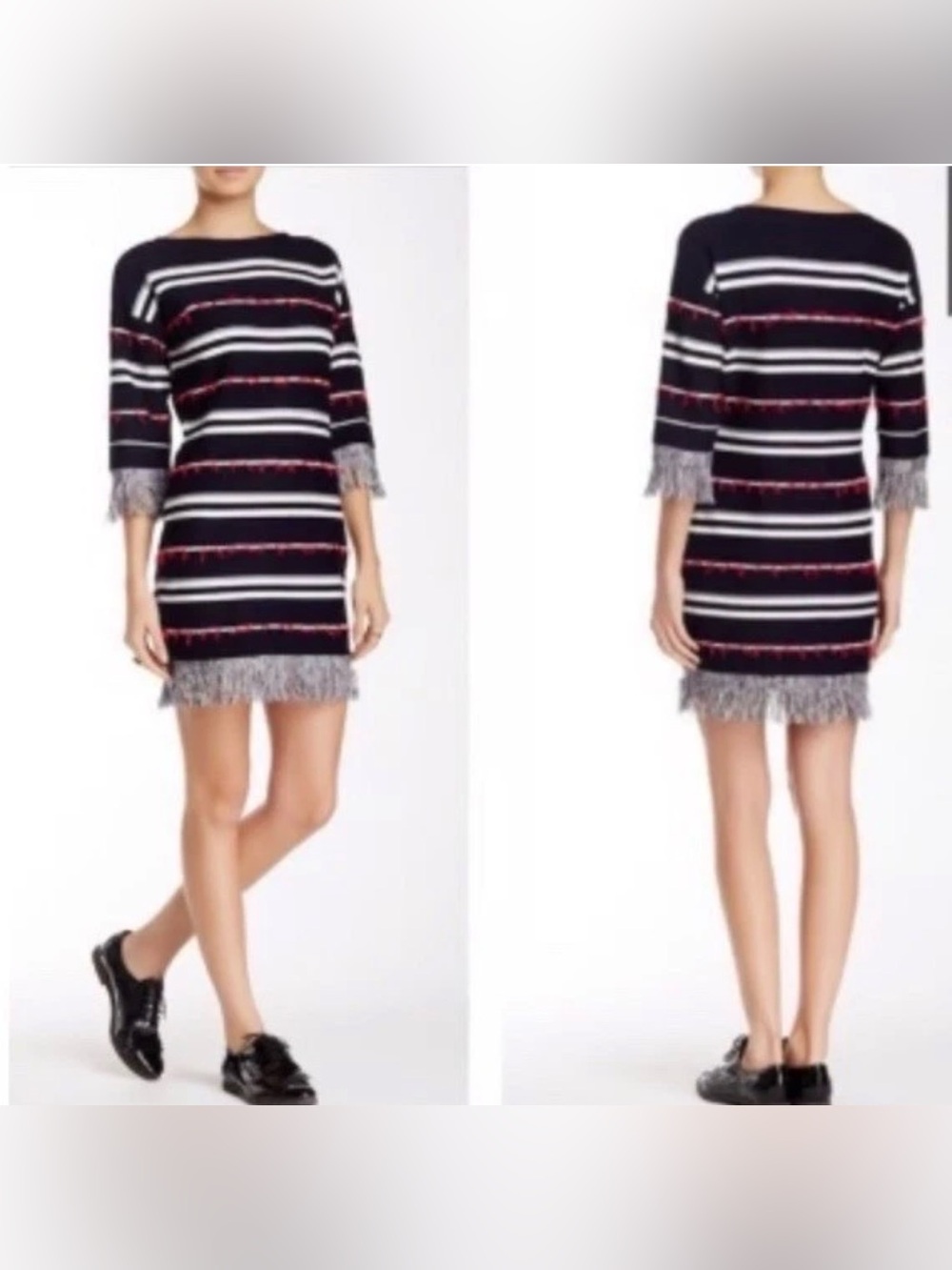 NWT Anthropologie Endless Rose Navy/ Red/White Fringe Sriped Sweater Dress L